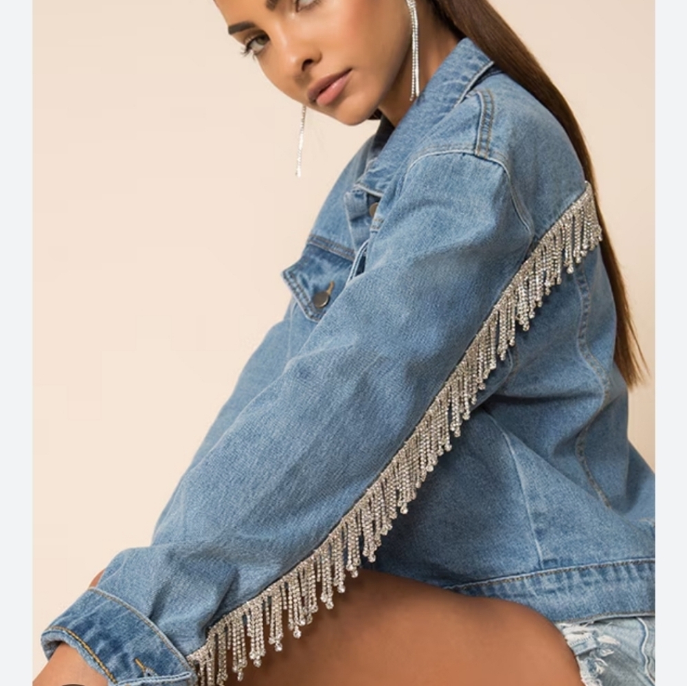 Superdown Classic Blue Jean Jacket With Gorgeous Silver Jeweled Frindge.